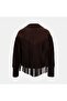 Women's Dark Brown Collared Short Suede Jacket with Tassel Detail - 3