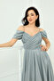Glittery Crepe Ruched Long Evening Dress with Straps - Mint Green - 6