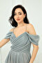 Glittery Crepe Ruched Long Evening Dress with Straps - Mint Green - 4