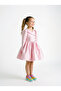 Girl's Powder Color Long Sleeve Flared Dress with Cross Collar and Stone Button Detail, Stylish Model - 3
