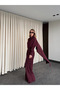 Burgundy Belted Shawl Collar Shirt and Pants Set - 8004 - 2
