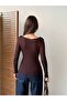 Women's Brown Boat Neck Long Sleeve Transparent Cashmere Fabric Blouse Rbb6000 - 3