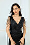 Sequin Shoulder Tassel Beaded Fish Dress - Black - 6