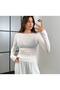 Women's White Boat Neck Long Sleeve Transparent Cashmere Fabric Blouse Rbb6000