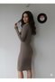V-Neck Women's Bodycon Midi Knitwear Dress Knee-Cover Length Dark Salmon Color - 3