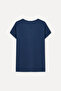 Women's Navy Blue Fitted Crew Neck Low Sleeve T-Shirt - 2