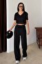 Women's Black V-Neck Short Sleeve Soft Touch Modal Sports Set - 5