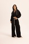 Olin Waist Detail Black Hooded Crop Tracksuit Set