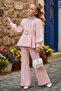 Girl's Collar Pearl Detailed and Lined Blouse Loose Cut Pants Belted Pink Bottom Top Set - 3