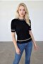 Women's Black Crew Neck Stripe Detailed Short Sleeve Knitwear Blouse