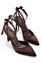Women's Dark Coffee Satin Ankle Strap Heeled Shoes with Back Bow Detail - 3