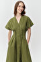 V-Neck Lace Detailed Waist-Fitted Regular Midi Dress with Pockets - 3