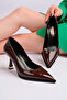 Brown Patent Leather Pointed Toe Stylish Heeled Shoes