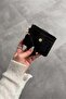 Crocodile Patterned Black Velina Minimal Wallet with Keychain and Card Holder Detail