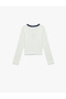 Long Sleeve Crew Neck Cotton Crop T-Shirt with Teddy Bear Embroidery Detail - 2