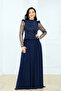 Top Beaded Detailed Bottom Chiffon Long Dress - Dark Blue