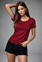 Women's Burgundy Cotton Crew Neck Short Sleeve T-Shirt - 2