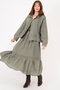 Women's Italian Khaki Scallop Detailed Shirt and Skirt 2-Piece 100% Linen Set - 2