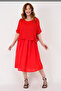 Women's Italian Red Plain Patterned Mesh 100% Cotton Lined Midi Dress