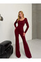 Glittery Scuba Fabric Back Detail Jumpsuit Claret Red