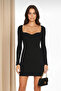 Women's Black Square Neck Heart Detailed Sandy Fabric Bodycon Short Mini Dress