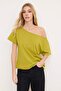 Yağ Yeşili %100 Pamuk Oversize/Geniş Kalıp Kayık Yaka Örme T-Shirt TWOSS20TS0140 - 3