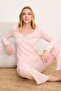 Pembe %100 Pamuklu Çiçekli Dantel Detaylı Fitilli/Pointel Örme Pijama Takımı THMAW26PT00165 - 2