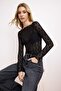 Black Plain Fitted Crew Neck Low Sleeve Long Lace Knitted Blouse Twoss26Bz00441 - 2