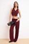 Burgundy Buttoned V-Neck Wide Leg Knitted Vest/Pants Bottom-Top Set Twoss24Au00017