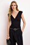 Siyah Fitted/Vücuda Oturan V Yaka Kolsuz Büzgülü Yumuşak Örme Bluz TWOSS26BZ00093