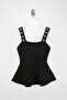 Siyah Premium İplik Kare Yaka Taşlı Peplum Triko İnce Bluz TWOSS26BZ00295 - 6