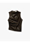 Slim Fit Draped Round Lightweight Mock Neck Sleeveless Faux Leather Blouse - 3