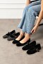 Renata Black Suede Crystal Stone Embellished Gold Buckle Belt Strap Ballerinas - 5