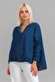 Women's Hooded Bird-Eye Denim Shirt with Elasticated Sleeves Indigo - 3
