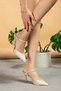 Women's beige satin heeled shoes with gold heel detail - 4