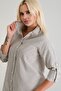 Women's Front and Back Oval Cotton Striped Woven Fabric Sleeve Britli Shirt Black Ecru Striped - 5