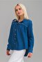 Women's Dirty Stitched Cotton Denim Fabric Snap Sleeve Britli Denim Shirt Indigo - 4
