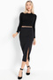 Women's Black High Waist Lycra Elastic Waist Slit Detailed Ribbed Midi Length Pencil Model Skirt - 4