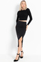Women's Black High Waist Lycra Elastic Waist Slit Detailed Ribbed Midi Length Pencil Model Skirt - 6
