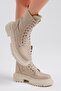 Women's Cream Suede Relaxed Fit Lace-Up Long Boots - 4