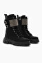 Women's Black Matte Thermo Sole Side Double Buckle Stone Lace up and Zippered Boots - 3