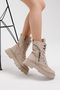 Women's Cream Suede Poly Sole Zipper Detailed Comfortable Fit Lace Up Boots - 4