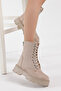 Women's Cream Suede Poly Sole Back Zipper Detailed Comfortable Fit Lace Up Boots - 4