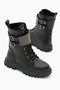 Girl's Black Leather Thermo Sole Stone Detailed Double Buckle Lace up and Zippered Velcro Boots - 3