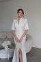 White Padded Shoulders Full-Length V-Neck Premium Maxi Long Dress with Gold Button Details and Slit - 4