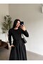 Black Shoulder Pad piece waist gathered dress - 2