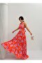 Women's Shawl Patterned Halter Neck Satin Dress - 6
