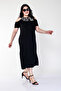 Women's Plus Size Collar Gray Leopard Detailed Black Dress - 4