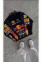 Racing Unisex Parachute Fabric Oversize Digital Printed Black Windbreaker Raincoat Thin Jacket
