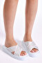 Women's White Stone Embroidered Cross Strap High Sole Slippers - 2